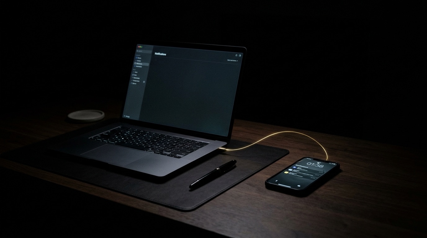 A dark home office desk at night with a laptop and phone glowing faintly, connected by a thread of gold light
