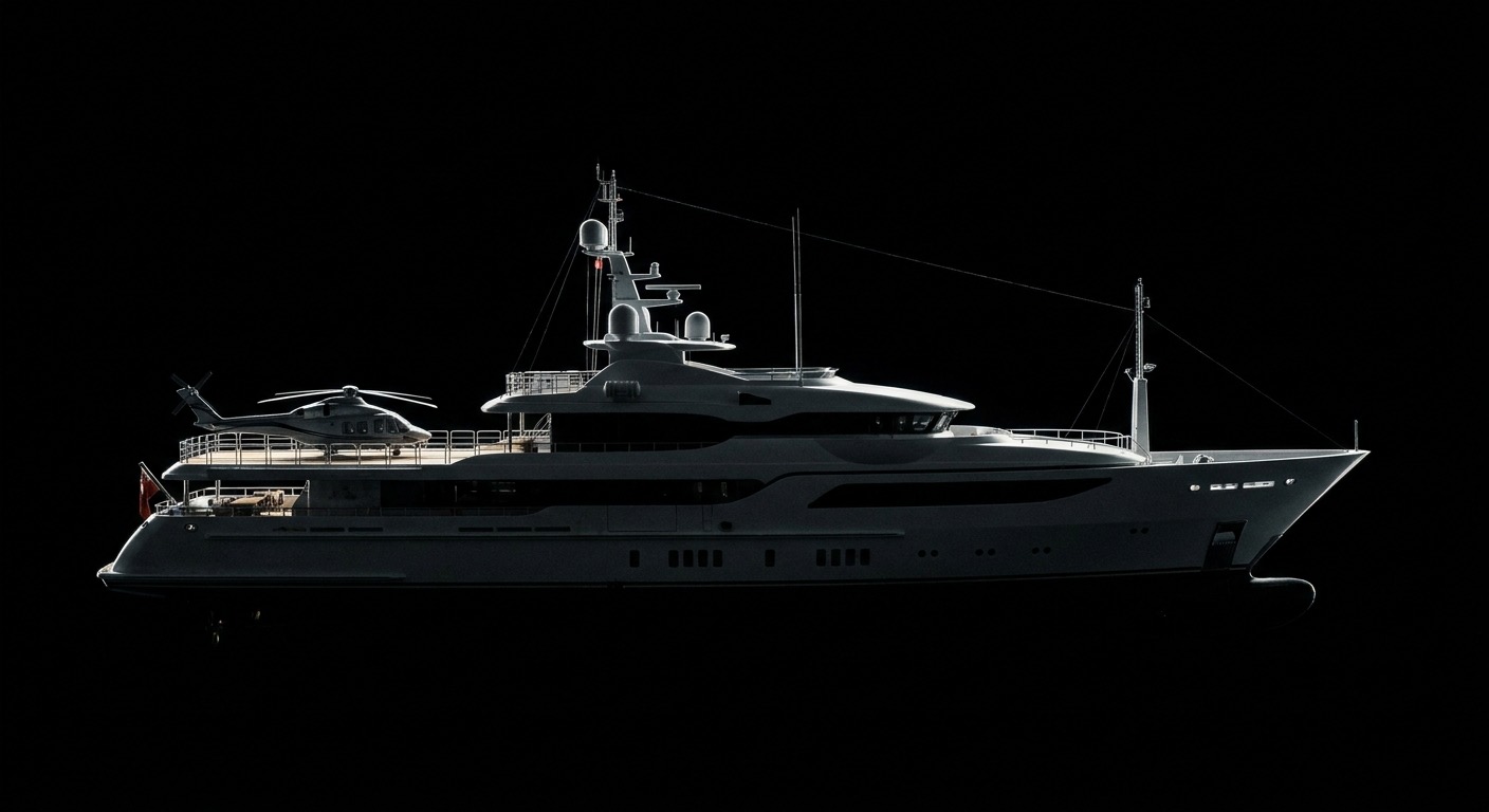 Large steel-hulled Blohm & Voss-style explorer superyacht photographed against a black background