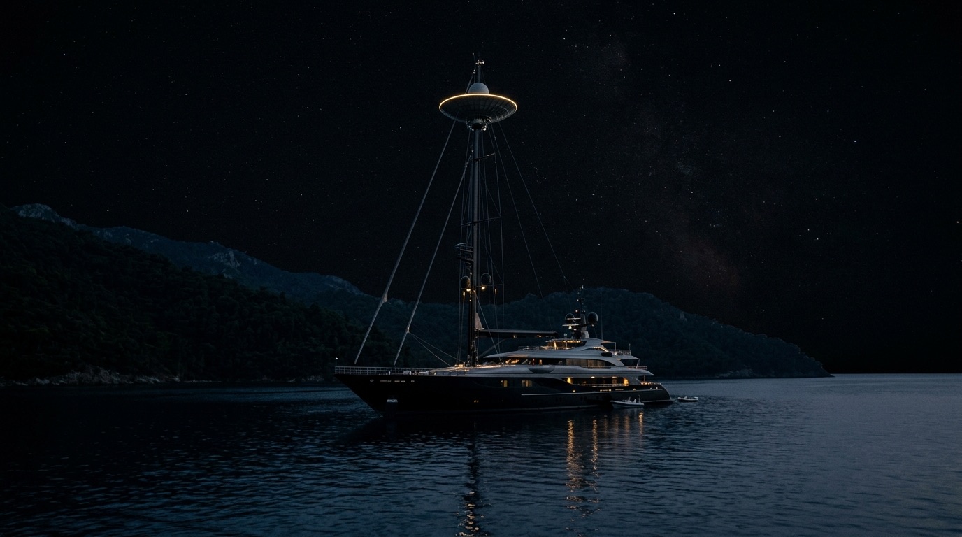 A yacht anchored in a dark bay at night with a satellite dish silhouetted on its mast against faint stars