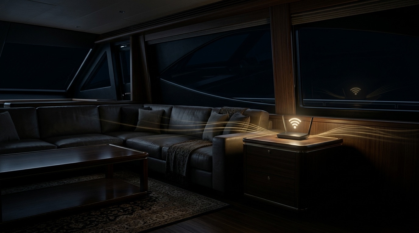 A yacht saloon interior at night with a faintly glowing WiFi router and gold signal-wave light