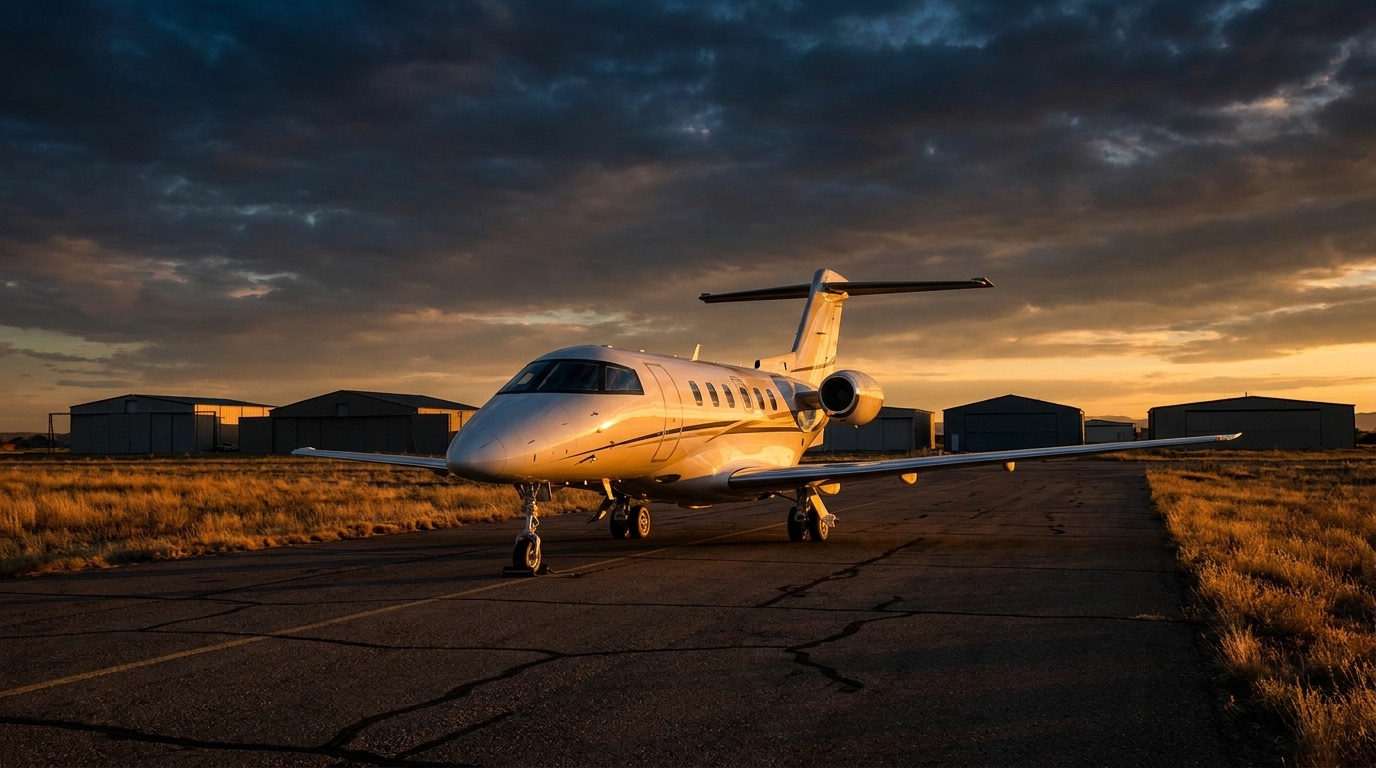 Light private jet on a runway