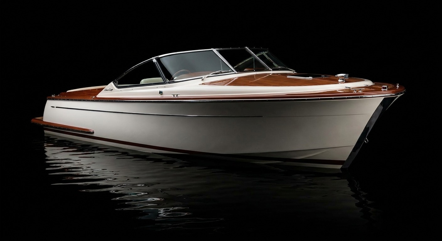 Chris-Craft Catalina 34 heritage runabout yacht on black background, mahogany-tone accents and chrome hardware