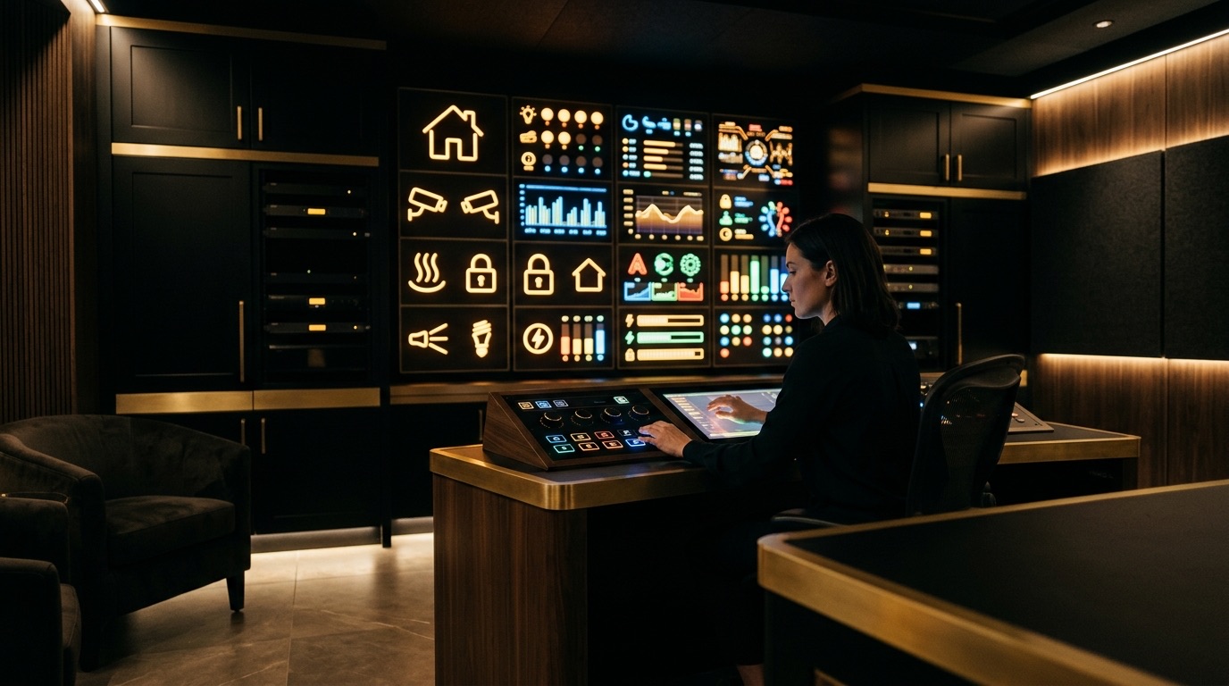 Private estate control room at night with glowing black-and-gold status panels for lighting, climate and security, representing unified estate management technology