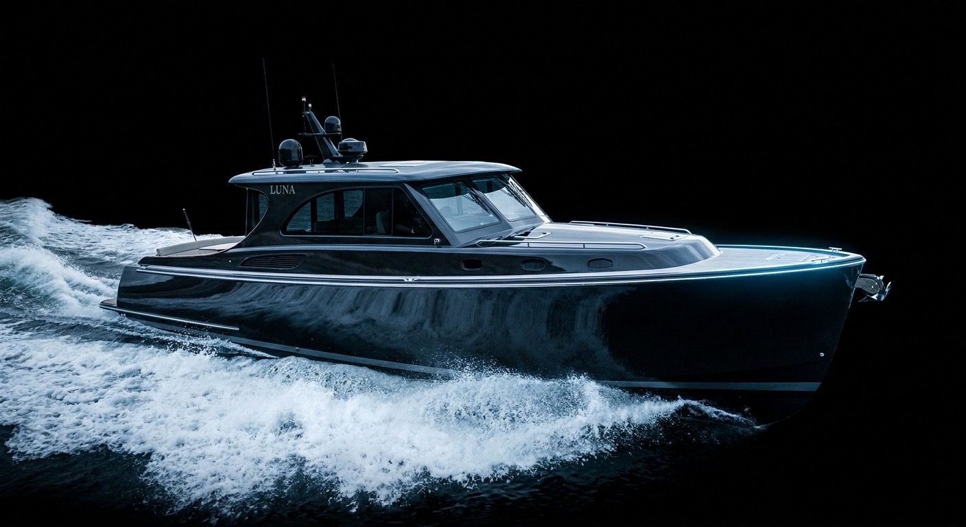 Grand Banks flagship motor yacht underway against a dramatic black background