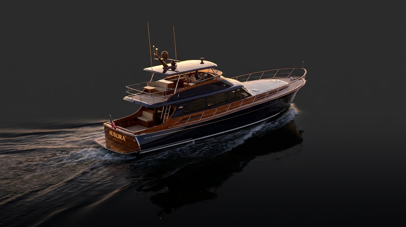 Huckins-style Quadraconic hull sportsman motor yacht underway against a black background, cinematic luxury yacht photography
