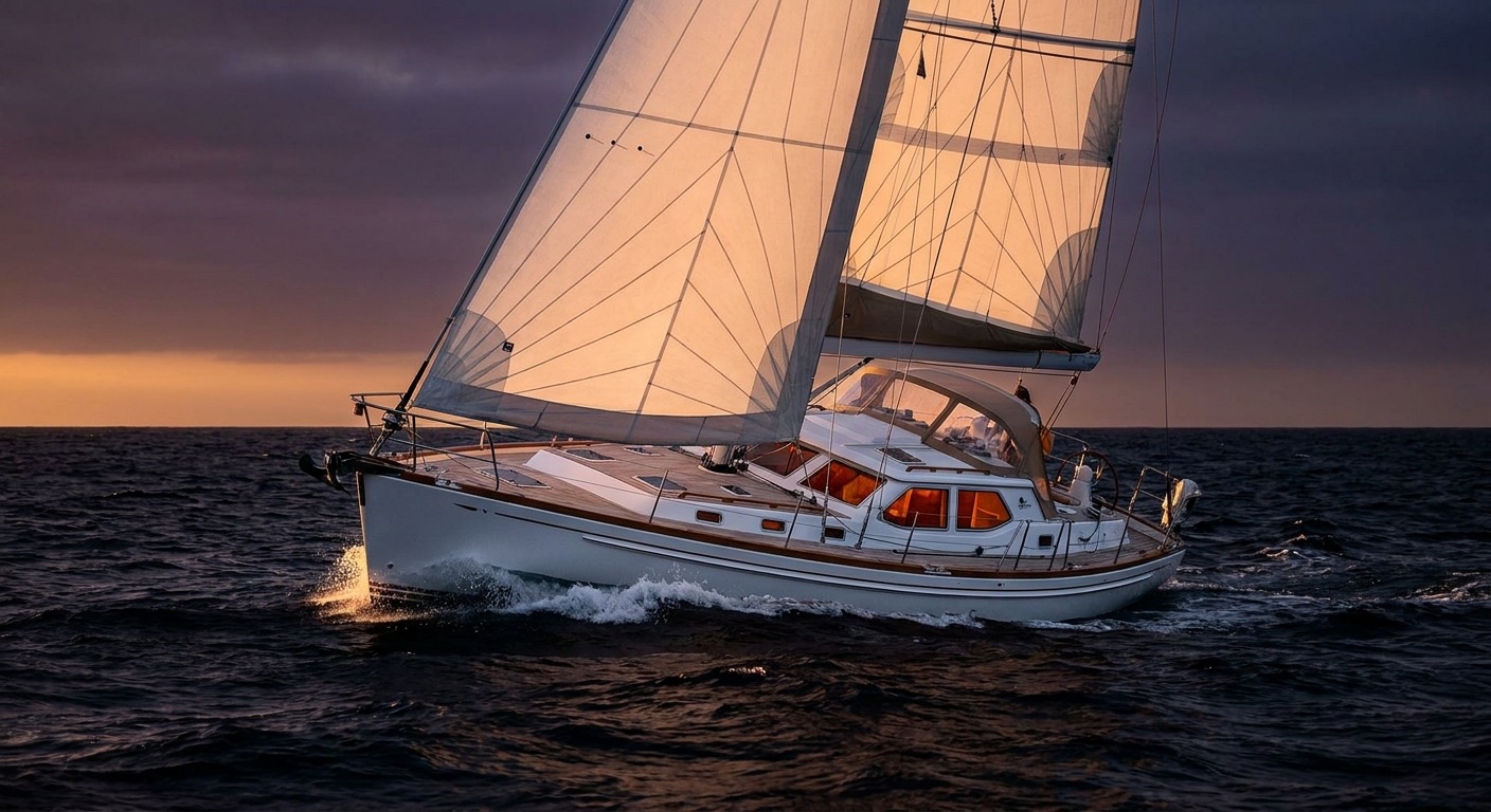 Hylas 49 bluewater cruising sailing yacht underway at dusk against a dark background
