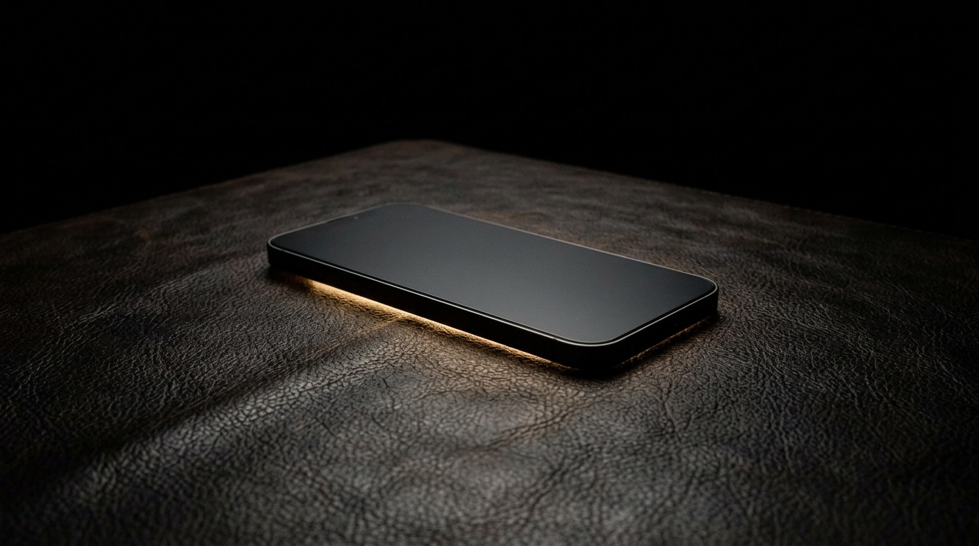 A smartphone face-down on a dark leather desk with faint gold light escaping from beneath it