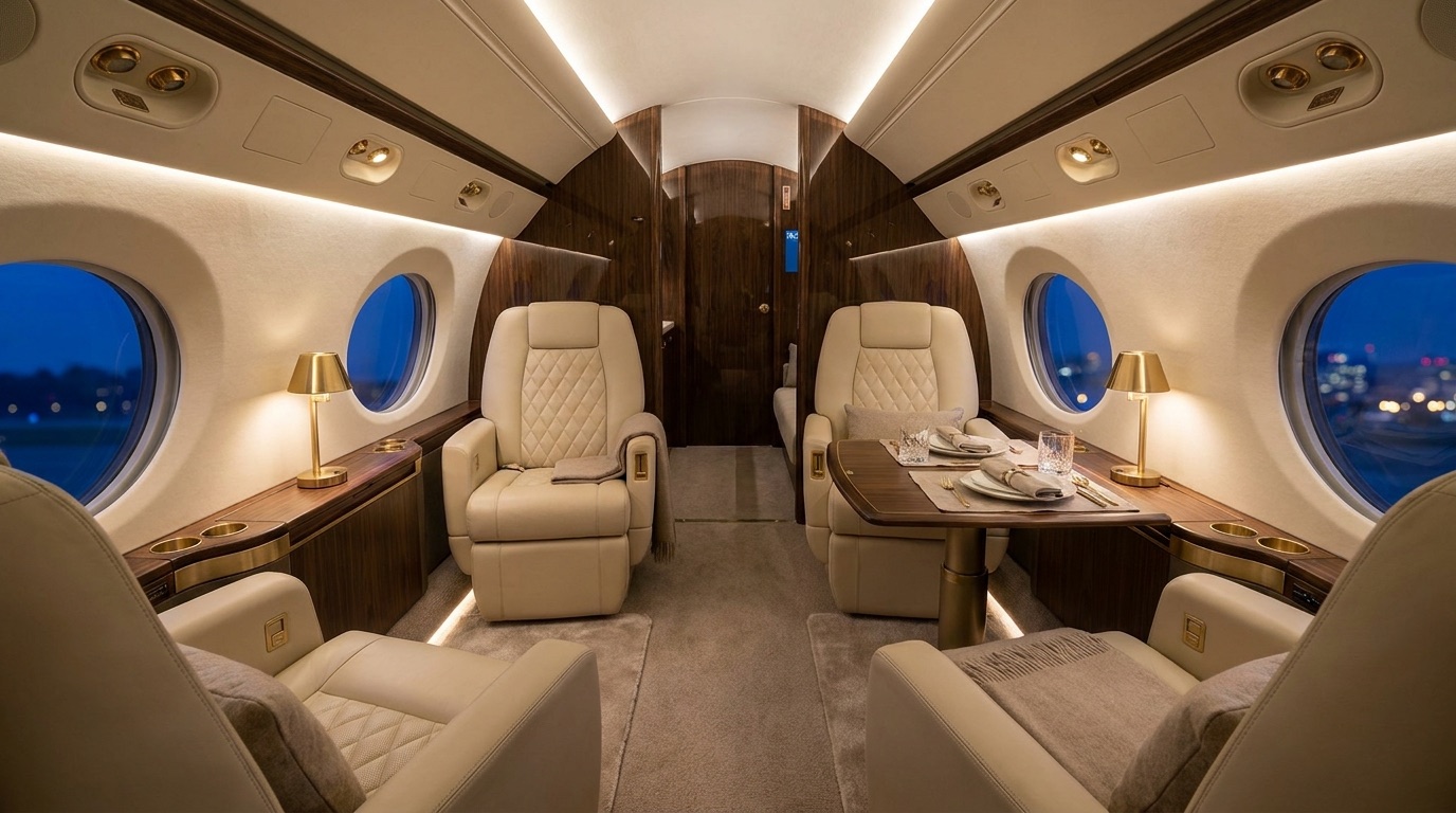 Luxury private jet cabin interior