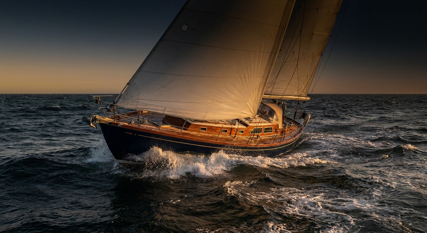 Little Harbor 59 offshore cruising sailboat under full sail against a dramatic dark background