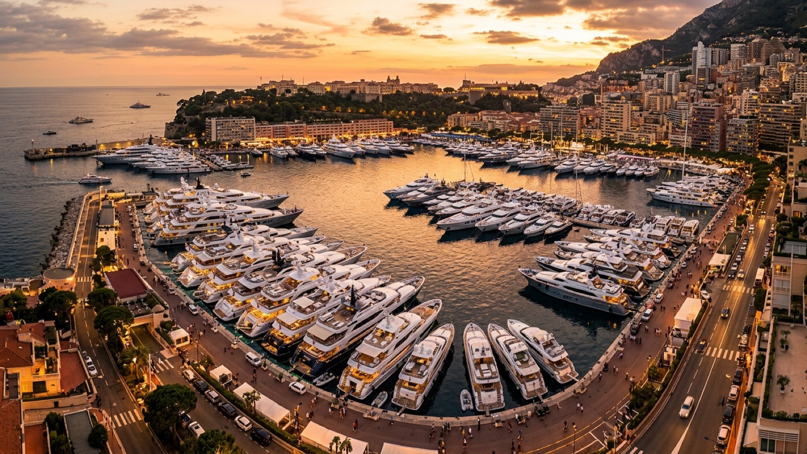 Aerial view of a fully occupied prime Mediterranean superyacht marina at golden hour, every berth taken