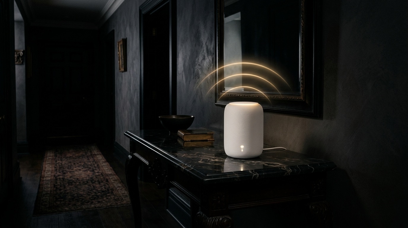A mesh WiFi node on a dark marble console table in a shadowed luxury hallway with faint gold signal light