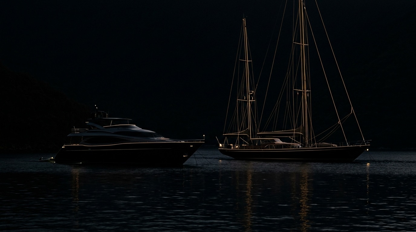 A motor yacht and a sailing yacht silhouetted side by side at anchor in a dark bay at dusk, gold light along their hulls and rigging