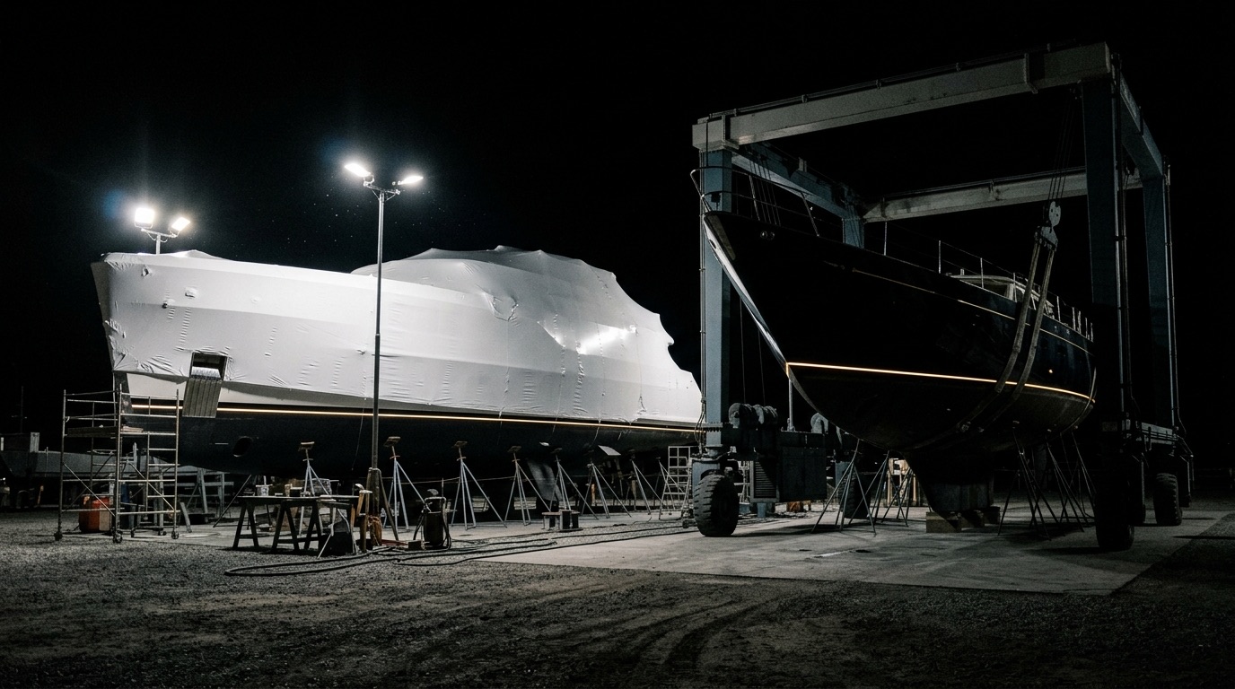 Two yacht hulls in a boatyard at night, one new-build wrapped under work lights and one older hull raised on a travel lift for survey, with faint gold light along their waterlines
