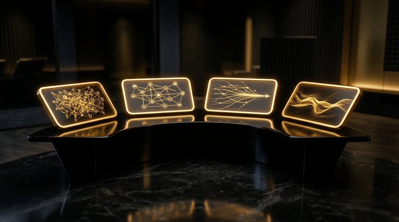 A single obsidian control desk with four glowing gold-lit panels at night, symbolising one private office unifying a billionaire's cybersecurity, concierge IT, AI and yacht/jet/estate technology