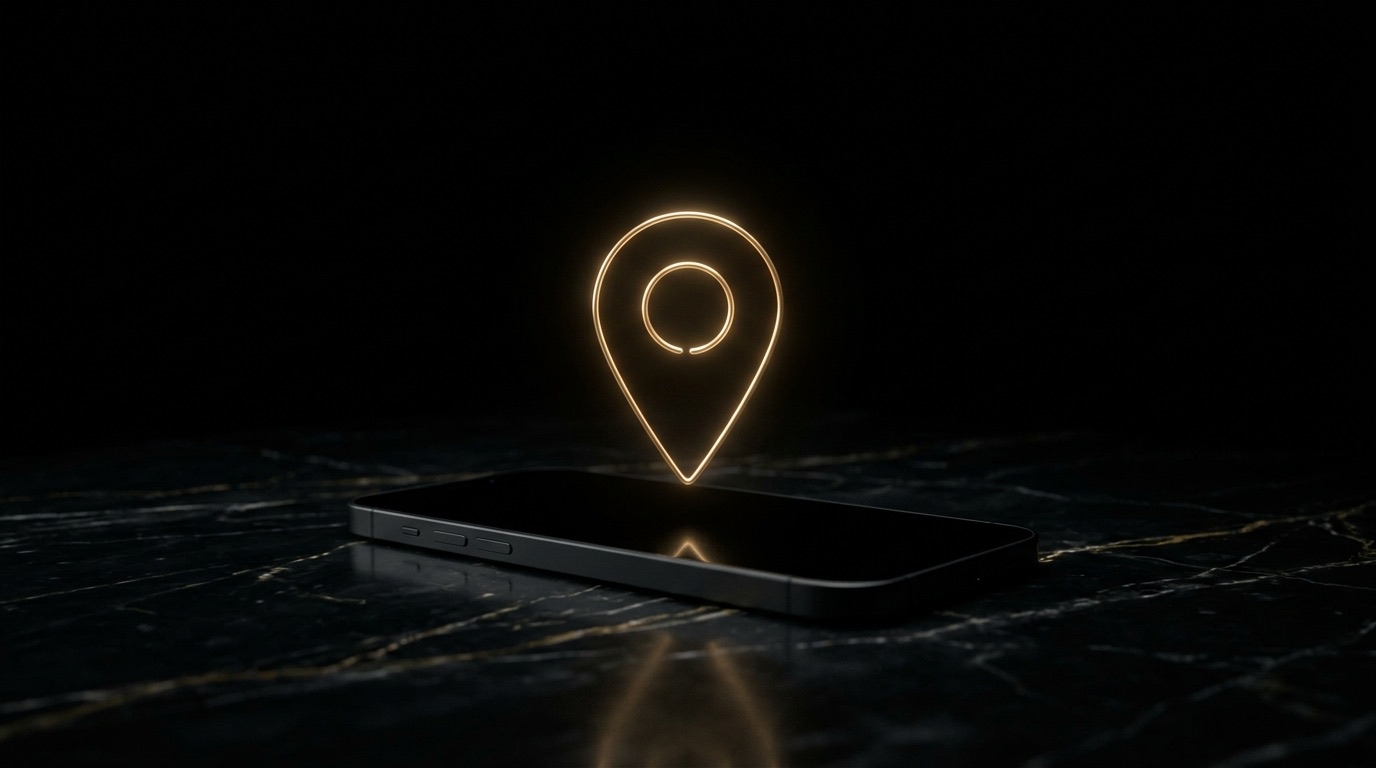 A glowing map pin symbol floating above a dark smartphone on a black marble surface