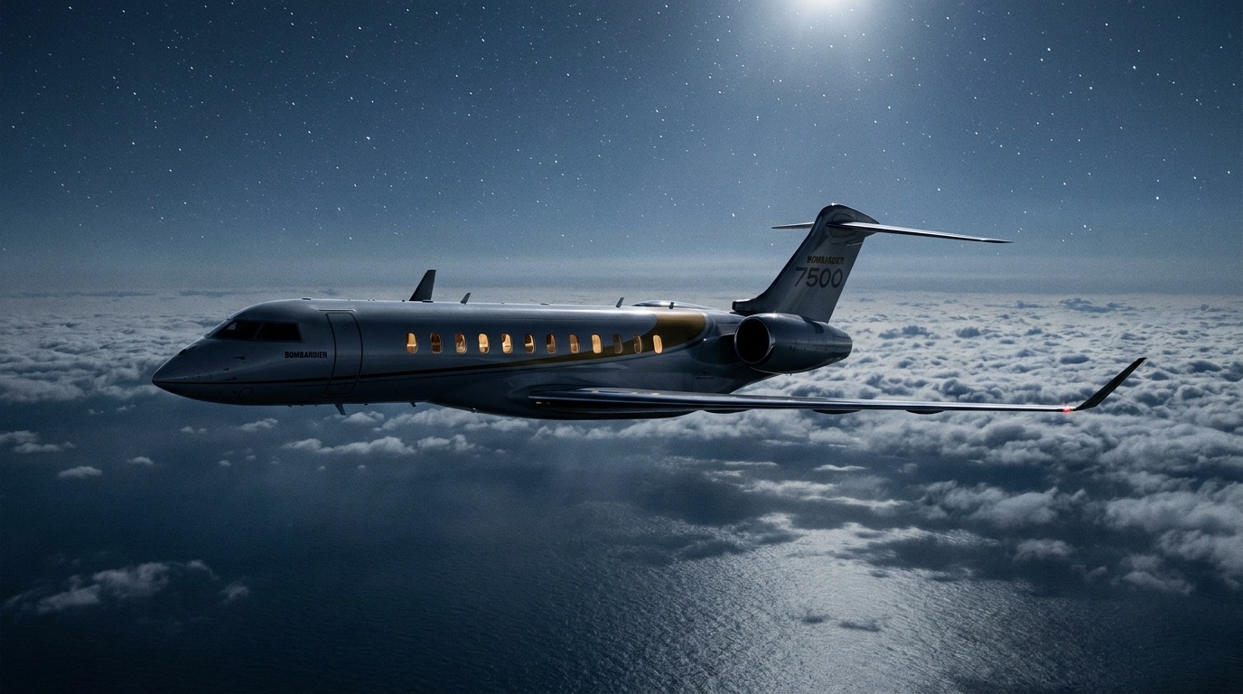Private jet on a long-haul route at dusk