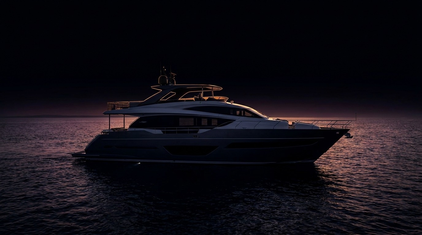 Princess flagship motor yacht underway, cinematic black-background photograph
