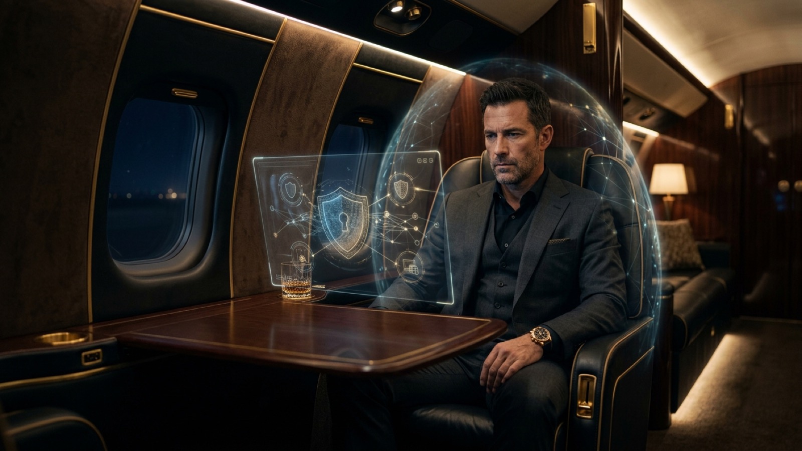 Private business jet at night with a translucent cybersecurity shield and network mesh overlay symbolising private aviation digital protection