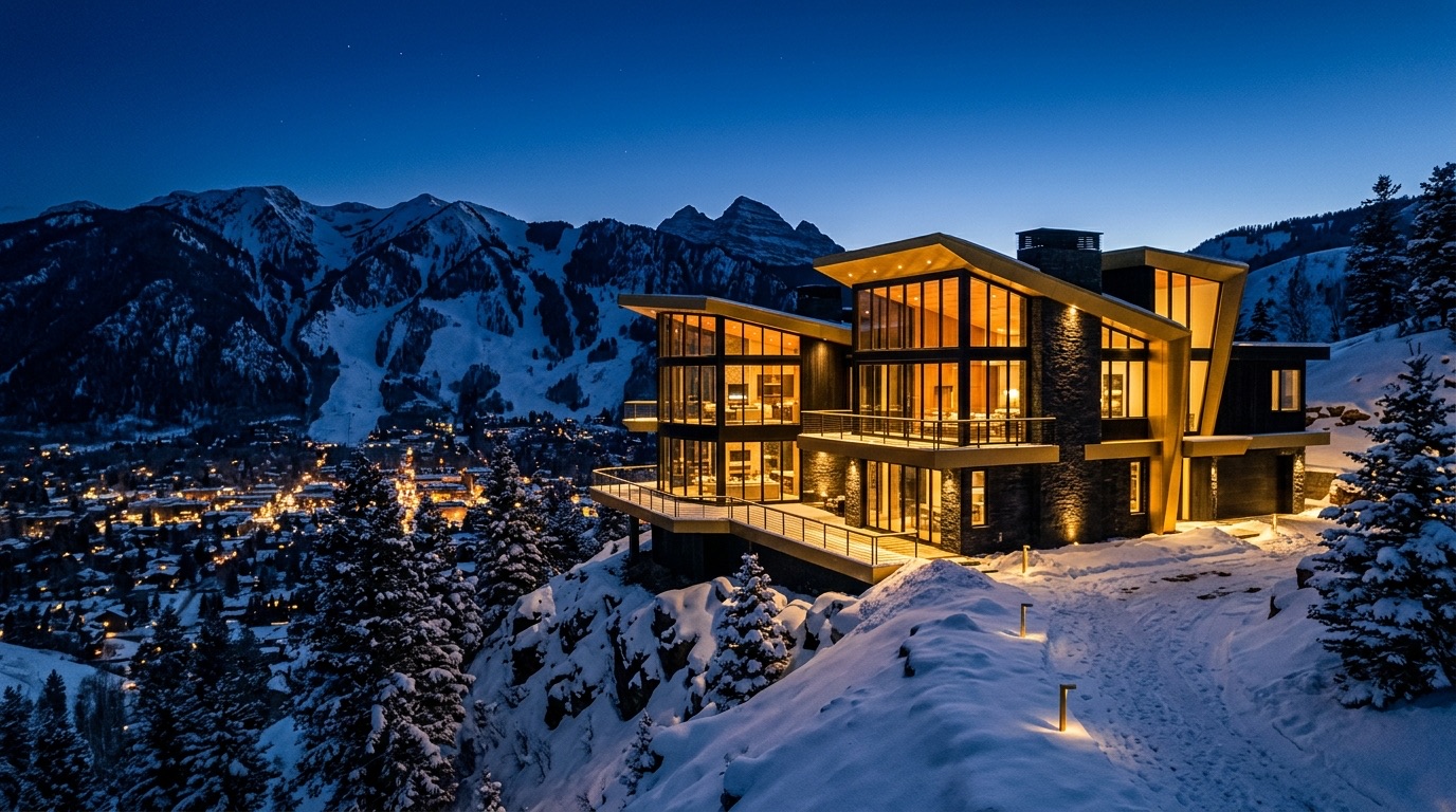 Luxury alpine mansion at night on a snow-covered ridge above Aspen, symbolizing private cybersecurity for Aspen principals and family offices