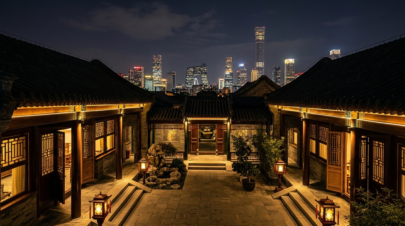 Private courtyard residence in Beijing at night with the illuminated Chaoyang CBD skyline in the background, symbolizing private cybersecurity for Beijing principals and family offices