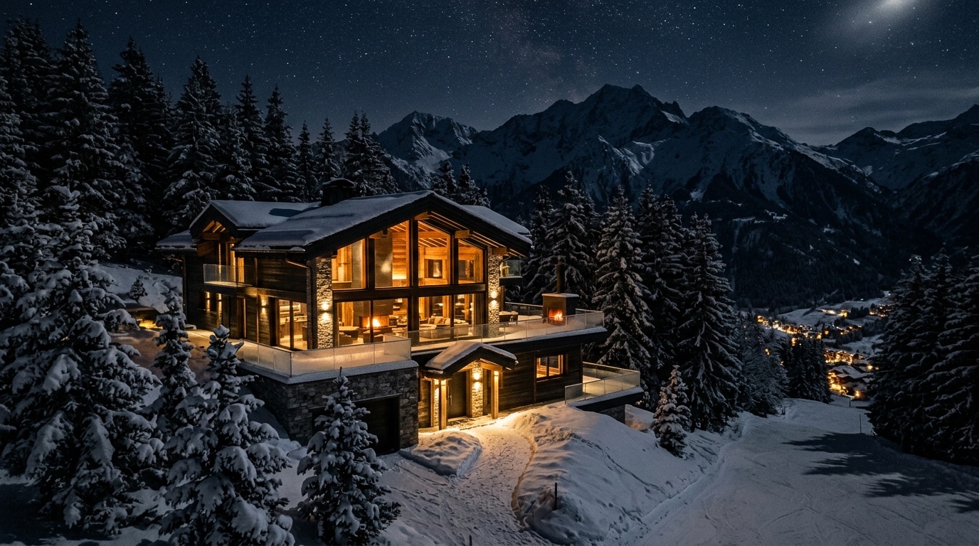 Luxury ski-in alpine mansion at night in Courchevel 1850, symbolizing private cybersecurity for Courchevel principals and family offices