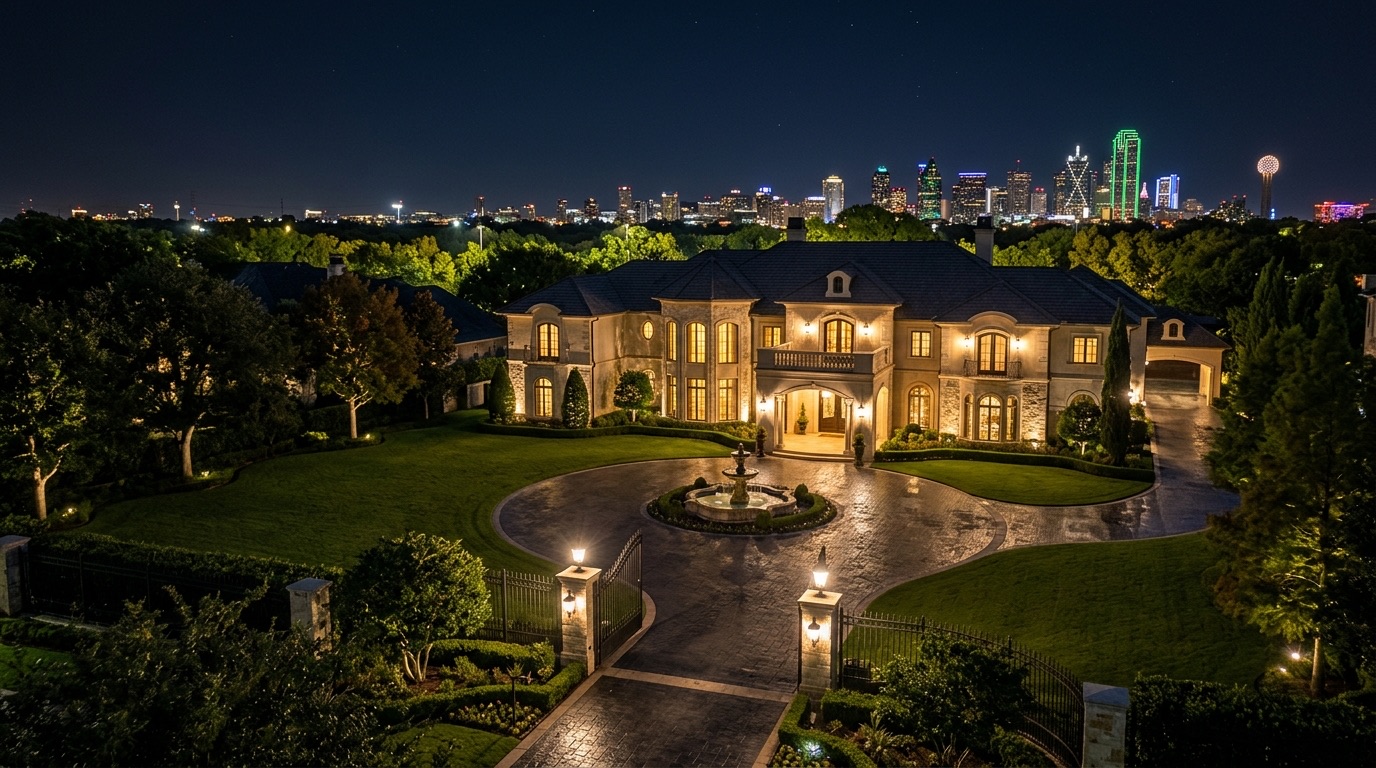 A private gated estate in Highland Park, Dallas at night, gold-lit windows with the Dallas skyline glowing in the distance