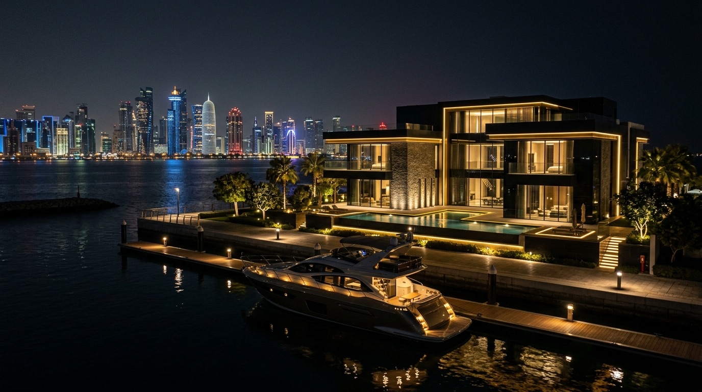 Luxury waterfront villa at night with a private yacht berth and the West Bay Doha skyline glowing across the water, symbolizing private cybersecurity for Doha principals and family offices