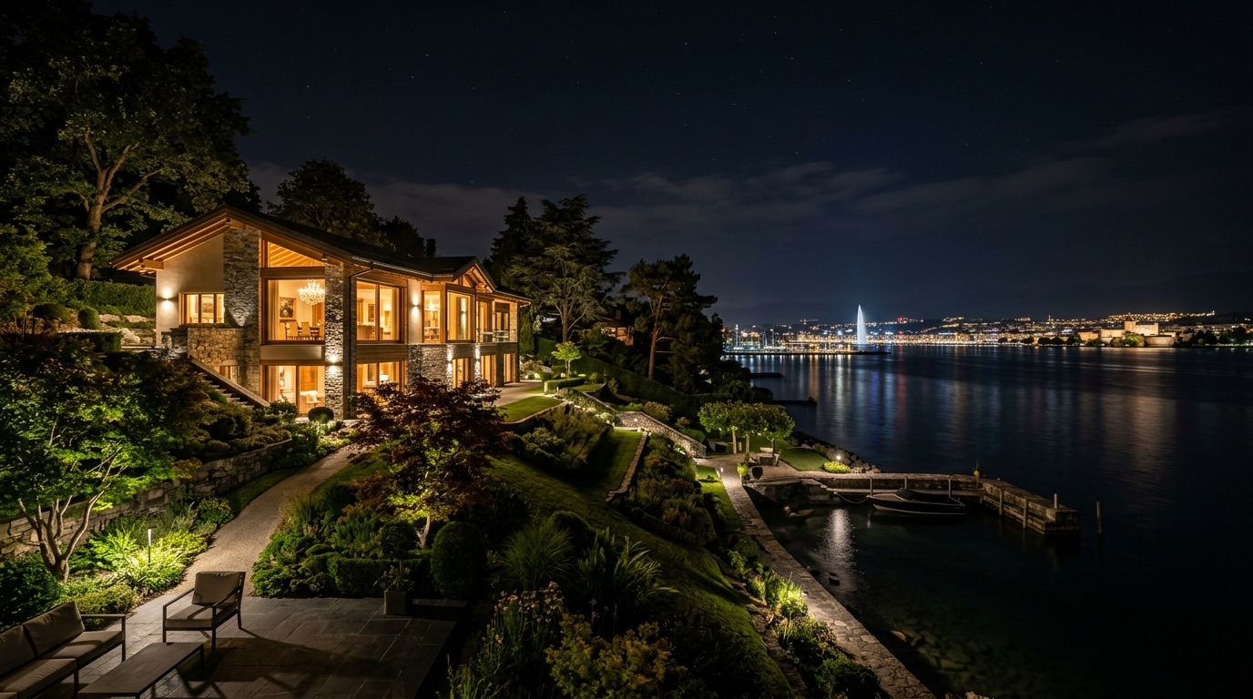 A private lakeside villa in Cologny above Lake Geneva at night, gold-lit terraces overlooking the water and distant city lights