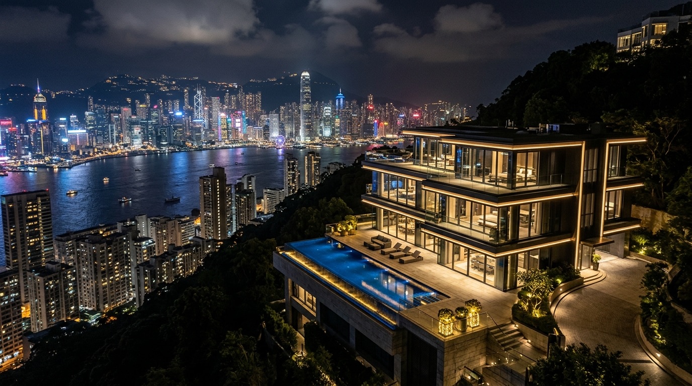 Luxury residence on The Peak, Hong Kong at night overlooking Victoria Harbour and the illuminated skyline, symbolizing private cybersecurity for Hong Kong principals and family offices
