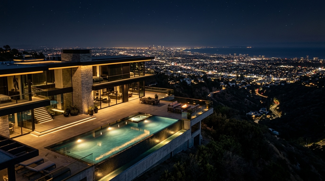 Modern hillside estate above Los Angeles at night with the city lights spread out below, symbolizing private cybersecurity for Los Angeles principals and family offices