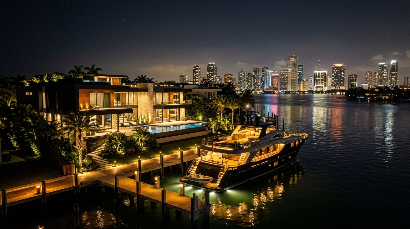 Private waterfront estate on a Miami island at night with a superyacht at the dock and the Miami skyline glowing across Biscayne Bay, symbolizing private cybersecurity for Miami principals and family offices