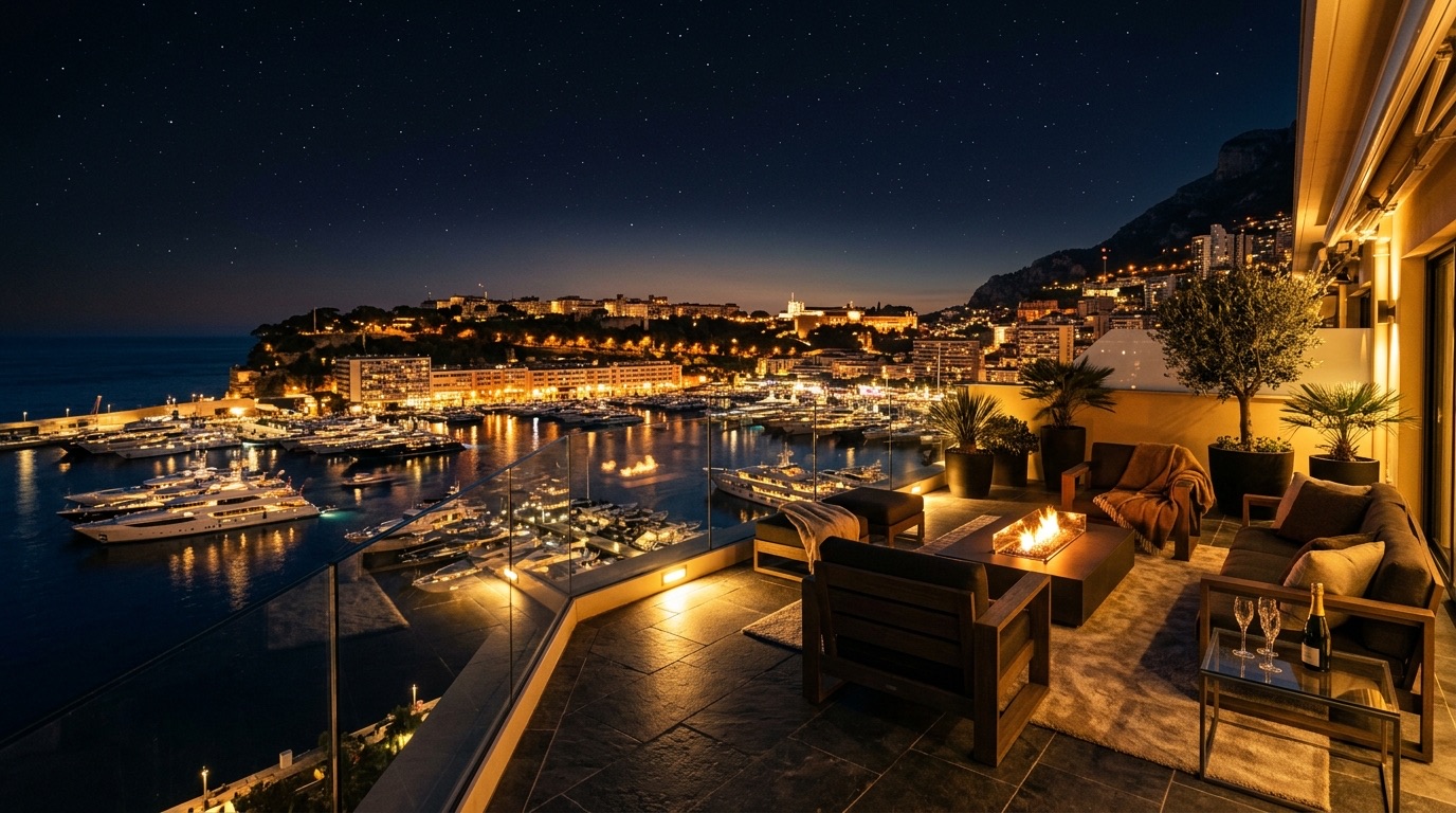 A private Monte Carlo penthouse terrace overlooking Monaco harbor and superyachts at night, gold light against a dark sky