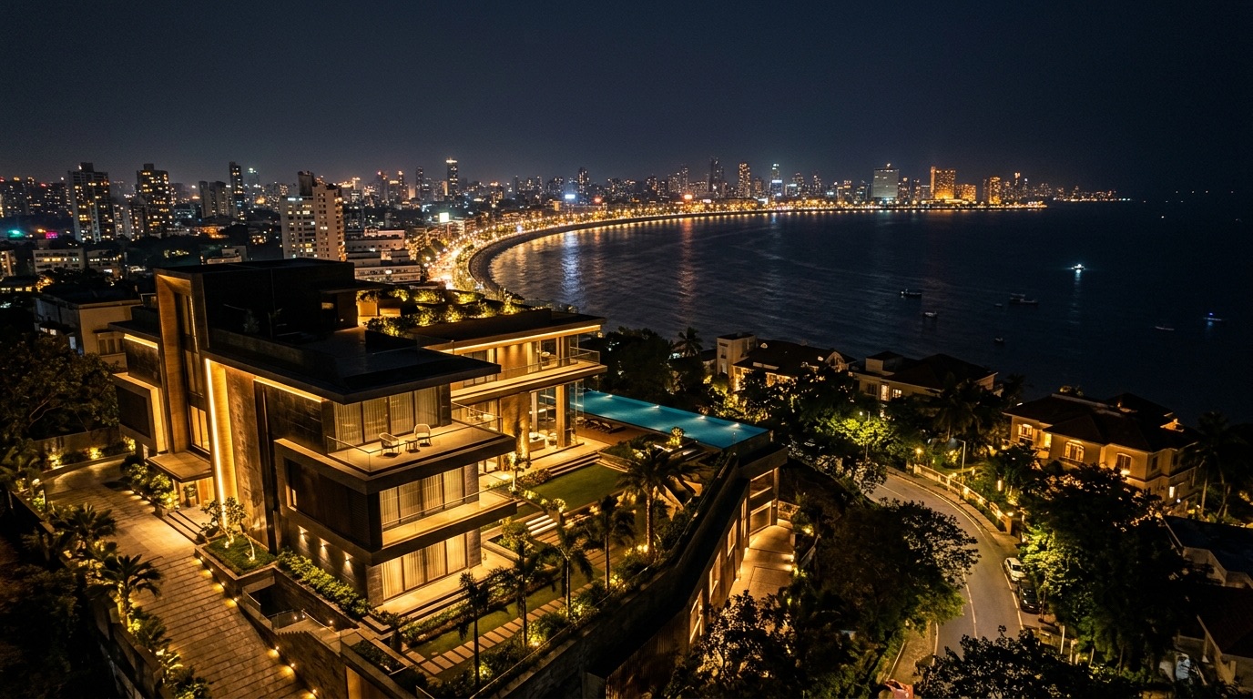 Private sea-facing residence on Malabar Hill, Mumbai at night with the illuminated coastline curving into the distance, symbolizing private cybersecurity for Mumbai principals and family offices