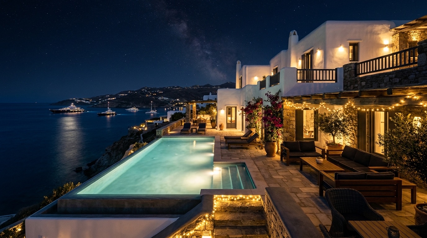 Luxury whitewashed Cycladic villa at night above the Aegean Sea near Mykonos with a superyacht visible offshore, symbolizing private cybersecurity for Mykonos principals and family offices