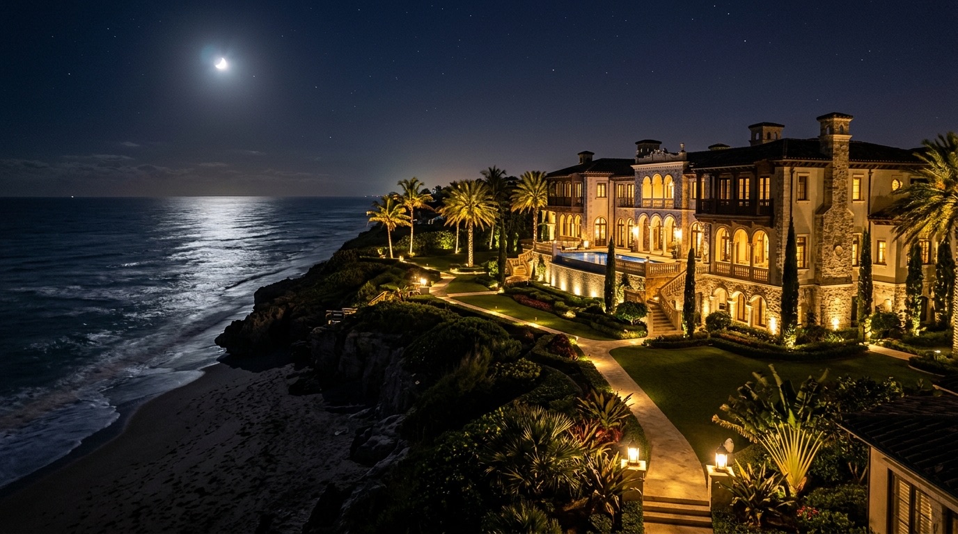 Grand oceanfront estate in Palm Beach at night with manicured gardens illuminated and the Atlantic coastline under moonlight, symbolizing private cybersecurity for Palm Beach principals and family offices