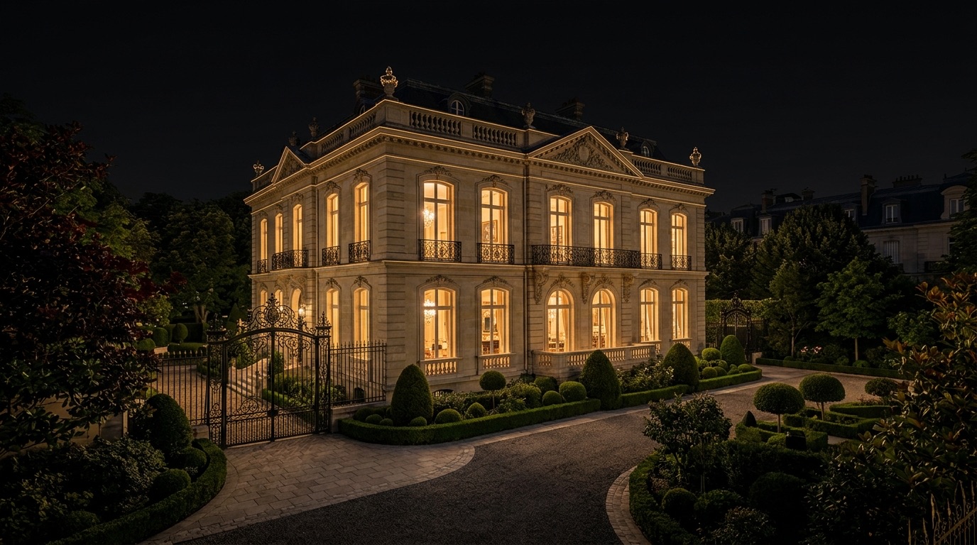 A private Belle Époque mansion behind gated grounds in Paris at night, illuminated windows and gold-lit façade evoking discreet family-office wealth