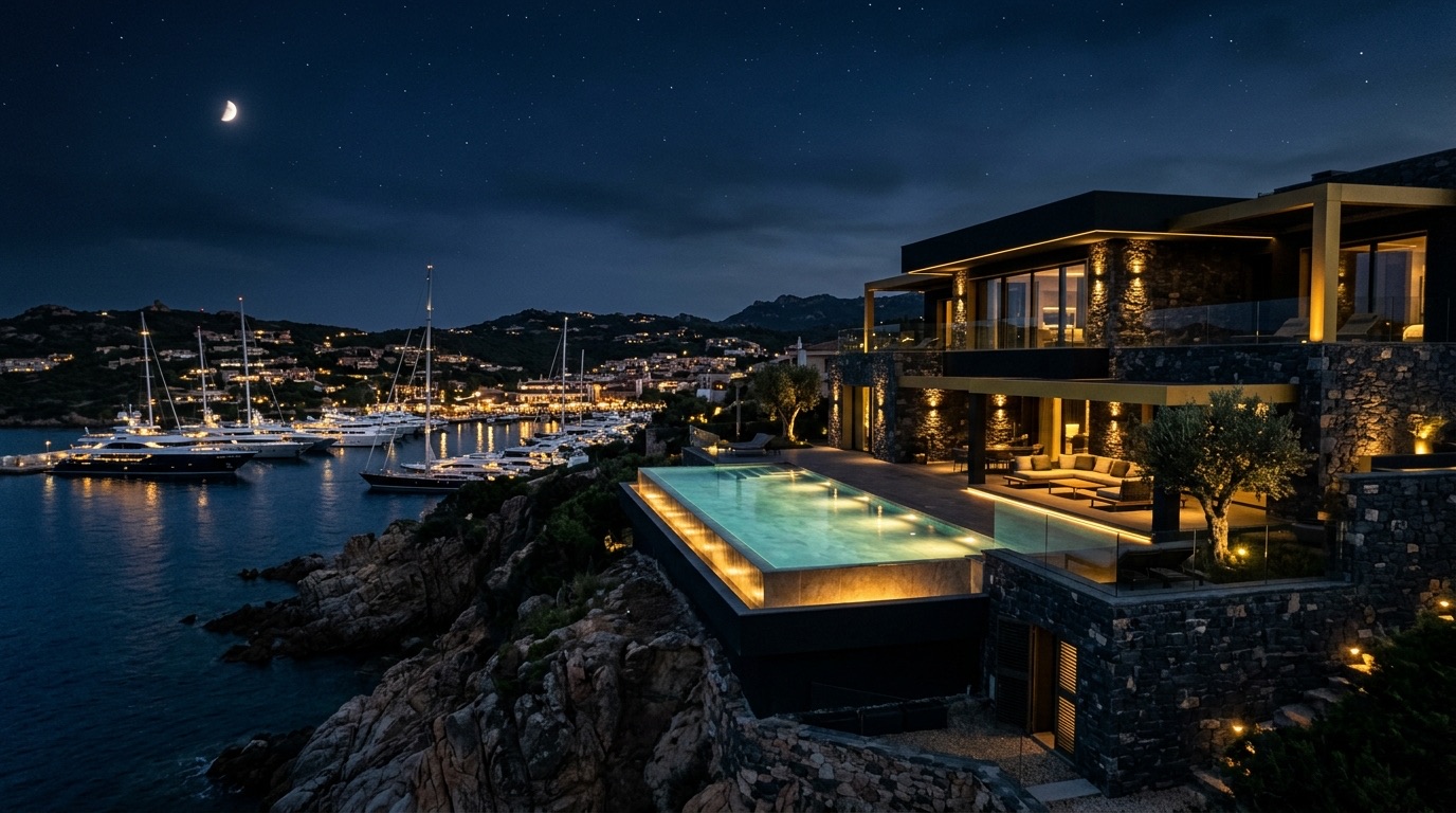 Luxury Mediterranean villa at night on the Sardinian coastline near Porto Cervo overlooking a marina with superyachts, symbolizing private cybersecurity for Porto Cervo principals and family offices