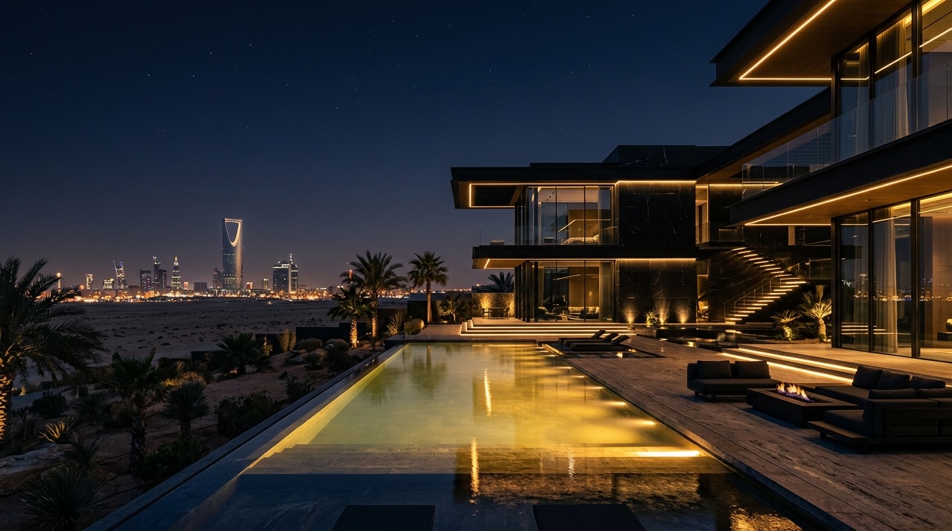 Luxury modern desert villa at night with the Riyadh skyline glowing in the distance, symbolizing private cybersecurity for Riyadh principals and family offices
