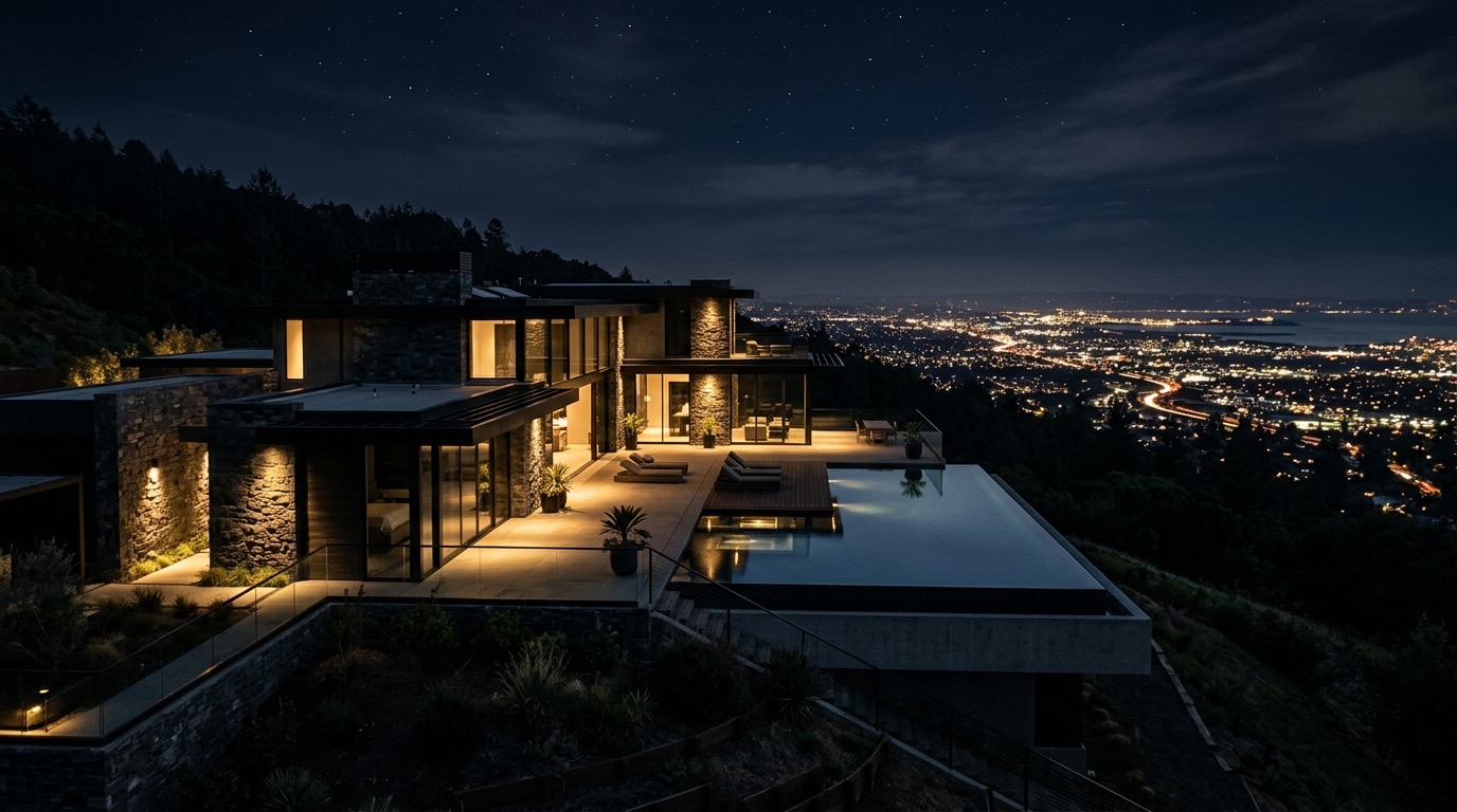 Minimalist glass estate in the hills above the San Francisco Bay Area at night with the valley lights spread out below, symbolizing private cybersecurity for Bay Area principals and family offices
