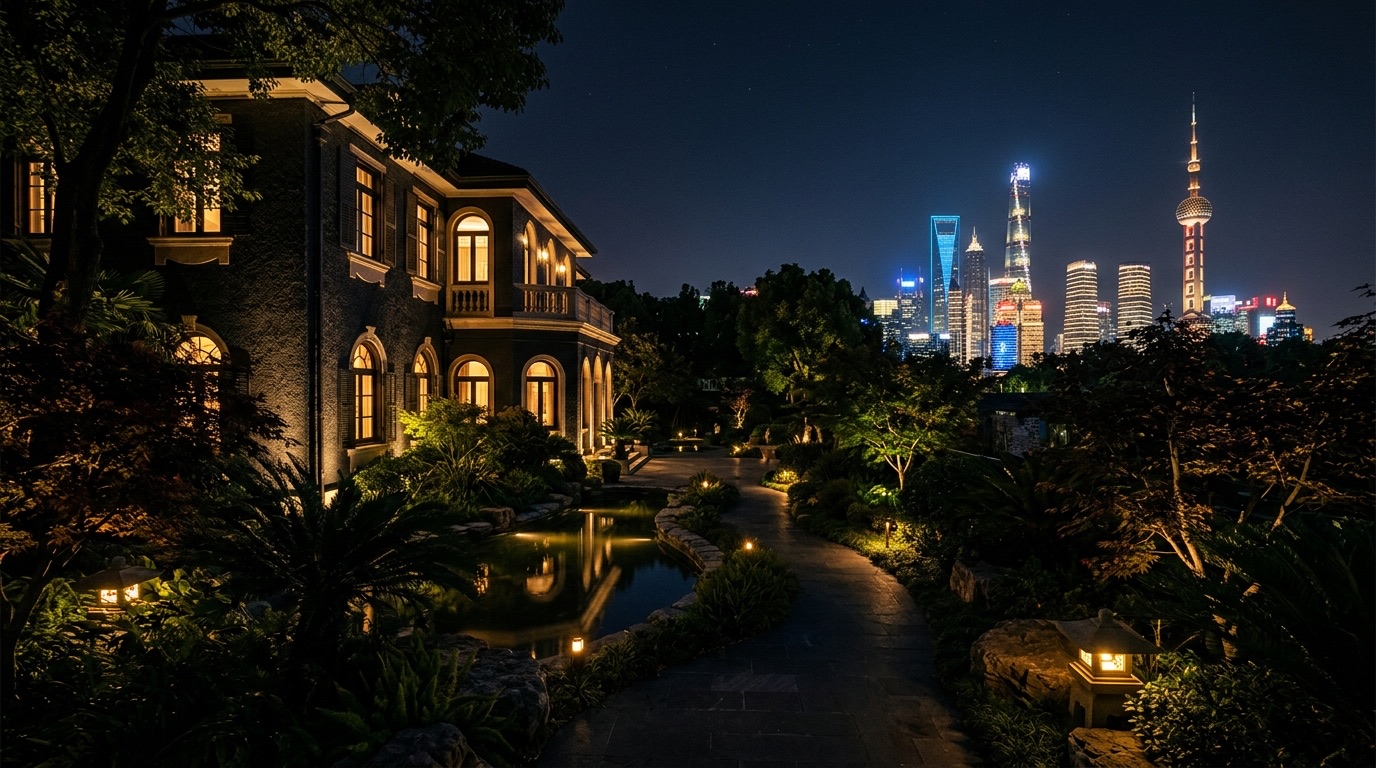 Private villa garden in Shanghai's French Concession at night with the illuminated Lujiazui skyline in the distance, symbolizing private cybersecurity for Shanghai principals and family offices