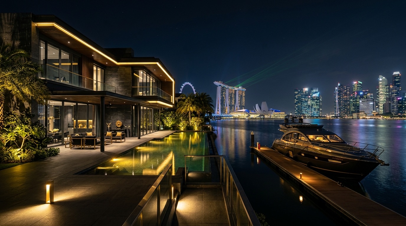 Private waterfront villa on Sentosa Cove, Singapore at night with a yacht at the private berth and the Marina Bay skyline in the distance, symbolizing private cybersecurity for Singapore principals and family offices