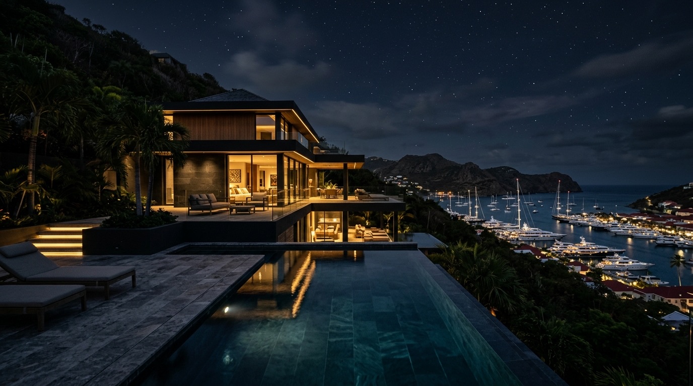 Luxury Caribbean villa at night on a hillside above St Barts overlooking a harbor with superyacht lights, symbolizing private cybersecurity for St Barts principals and family offices