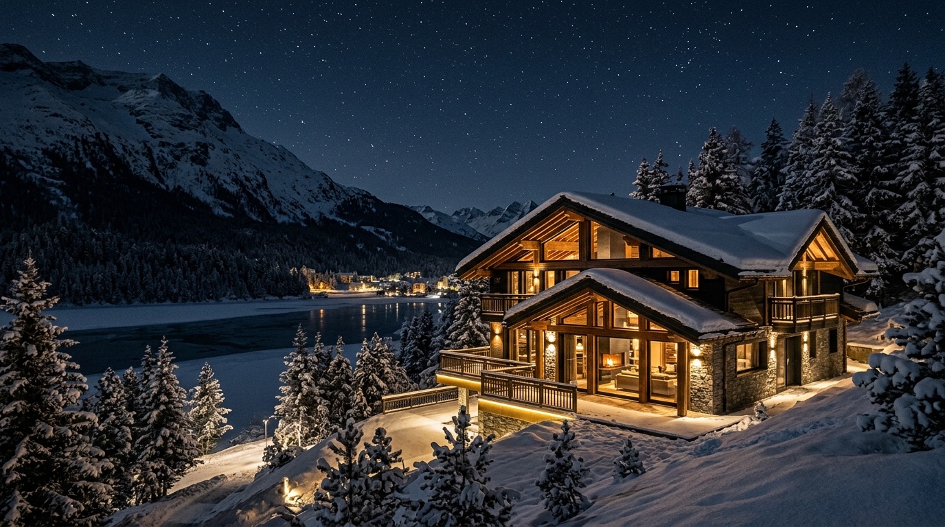Luxury Swiss alpine chalet at night above a frozen lake in St. Moritz, symbolizing private cybersecurity for St. Moritz principals and family offices