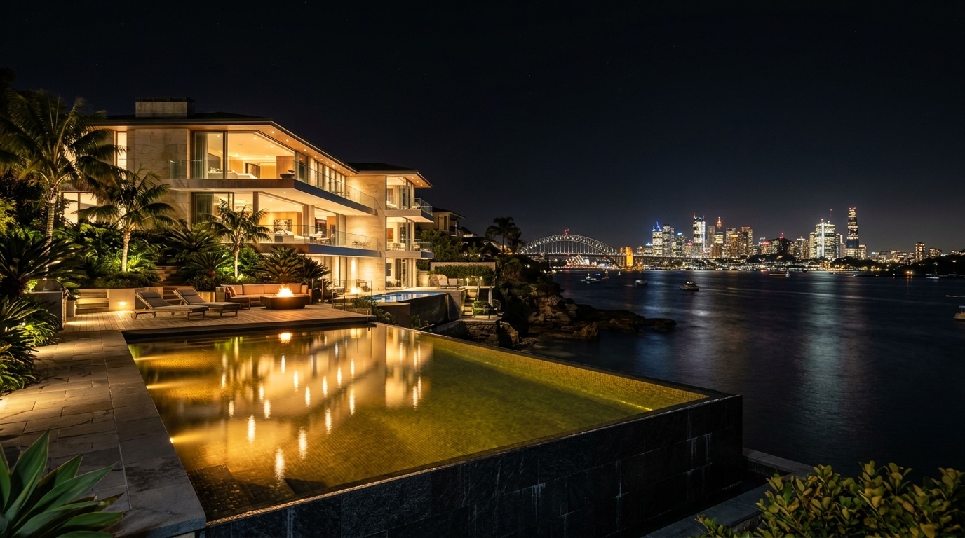 A private harbourside mansion in Point Piper, Sydney at night with gold-lit terraces overlooking the water