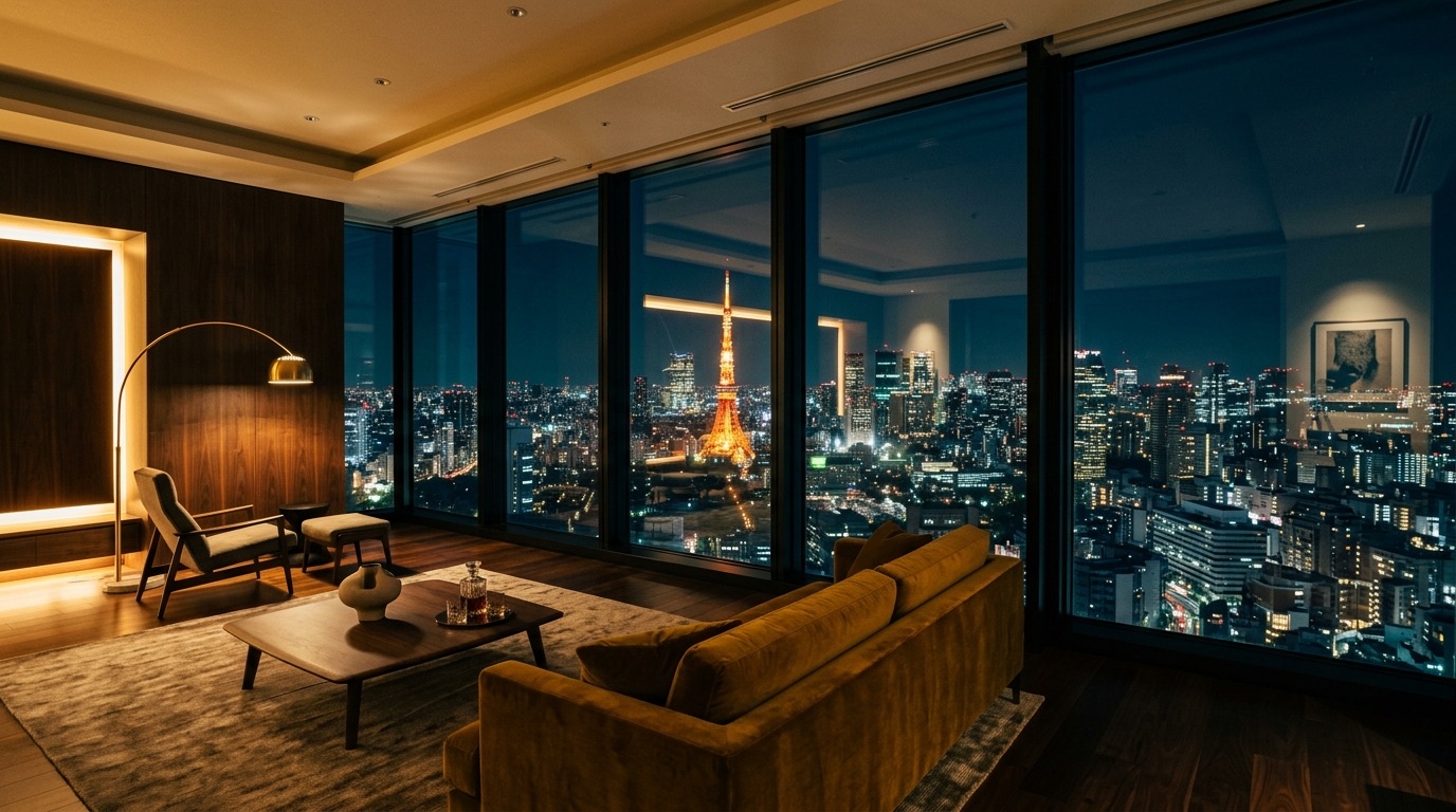 A private penthouse residence overlooking Tokyo's illuminated Minato skyline at night, warm gold interior light against black sky
