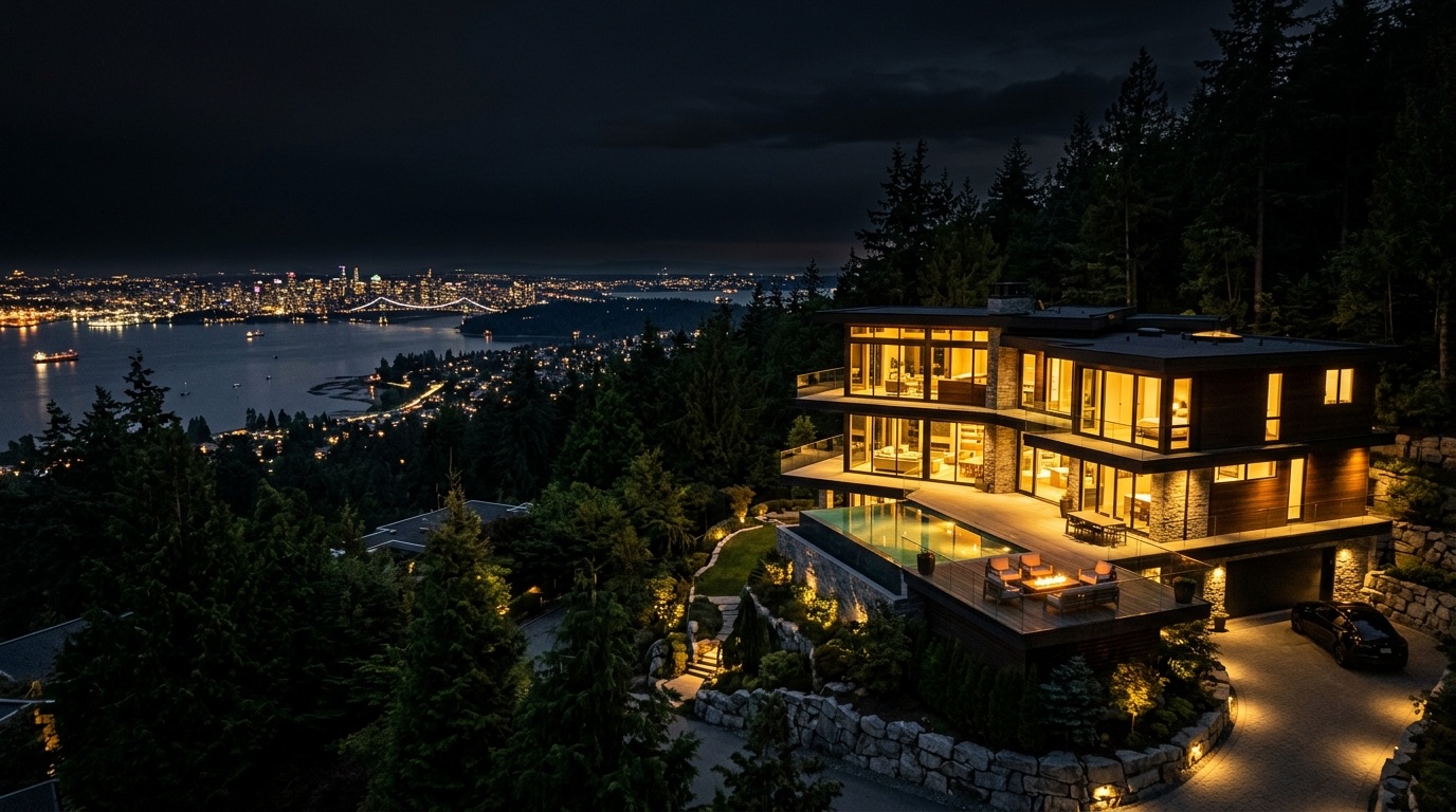 A private hillside estate in the British Properties above West Vancouver at night, gold-lit windows overlooking the harbor and city lights