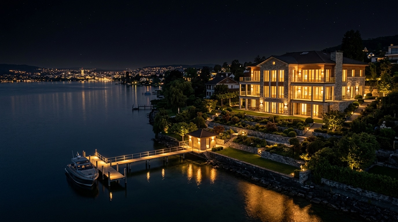 A private lakeside villa in Küsnacht on Zurich's Gold Coast at night, gold-lit windows overlooking Lake Zurich