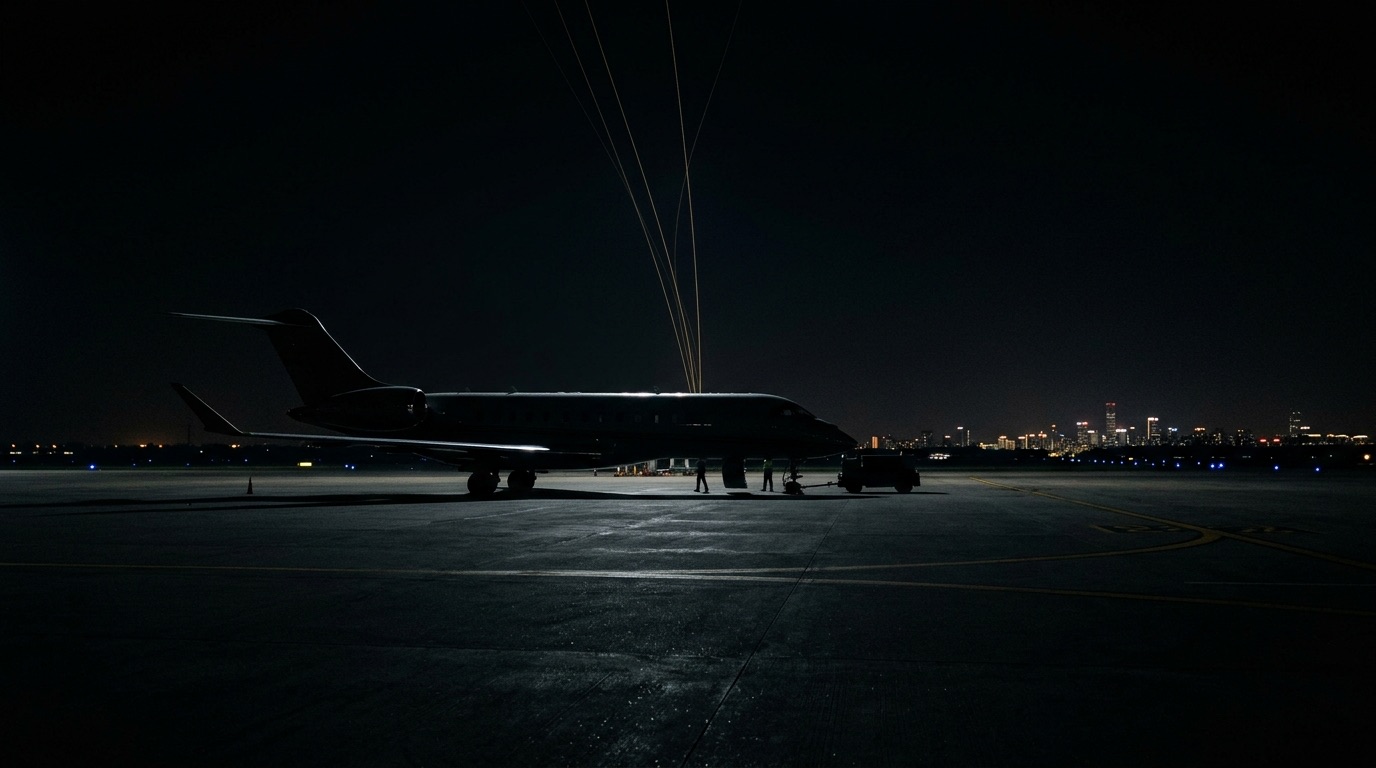 Private jet on a tarmac apron at night with a faint distant Beijing skyline glow on the horizon