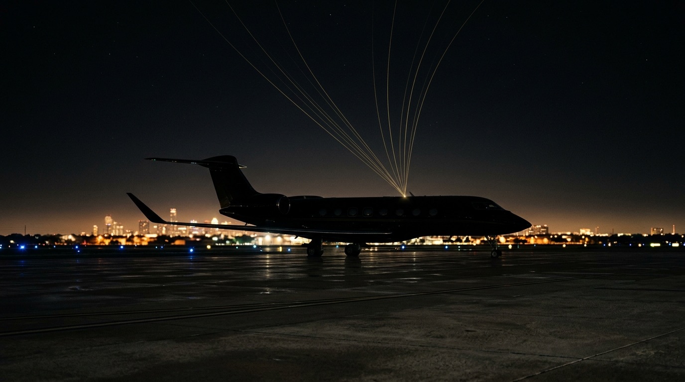 Private jet at night on a tarmac with a distant city skyline and a thin gold light line suggesting a secure satellite uplink