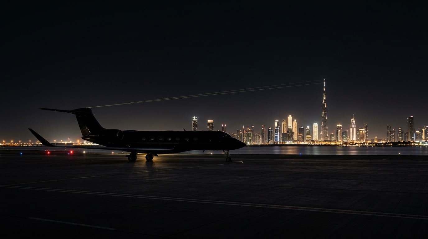 Private jet at night on a tarmac with a distant illuminated Gulf skyline near water and a thin gold light line suggesting a secure satellite uplink